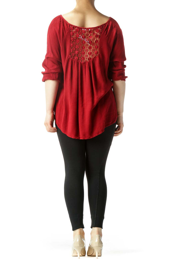 Burgundy Lace-Detailed Chest-Tie Long-Sleeve Blouse