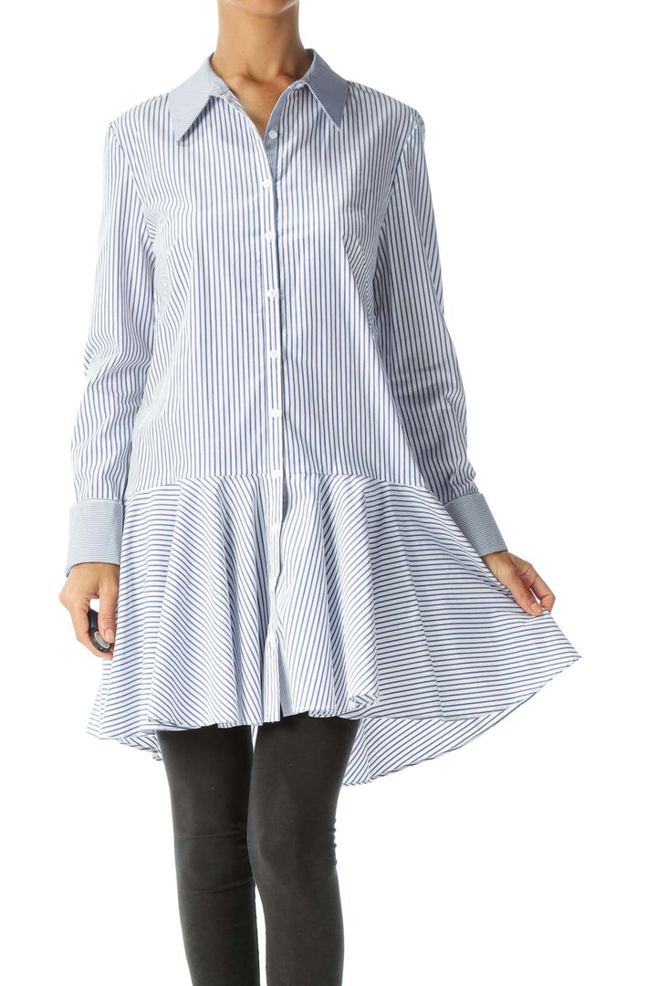 Blue White Striped Long Sleeve Flared Detail Shirt