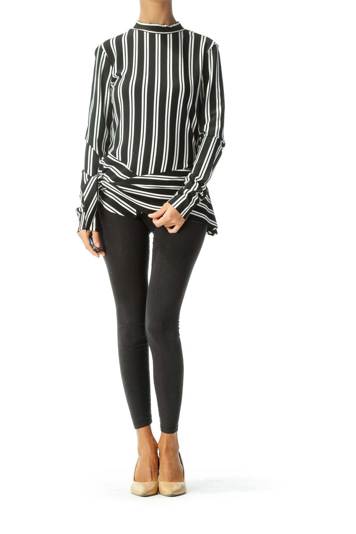 Black White Striped Asymmetric Long Sleeve Knit Top