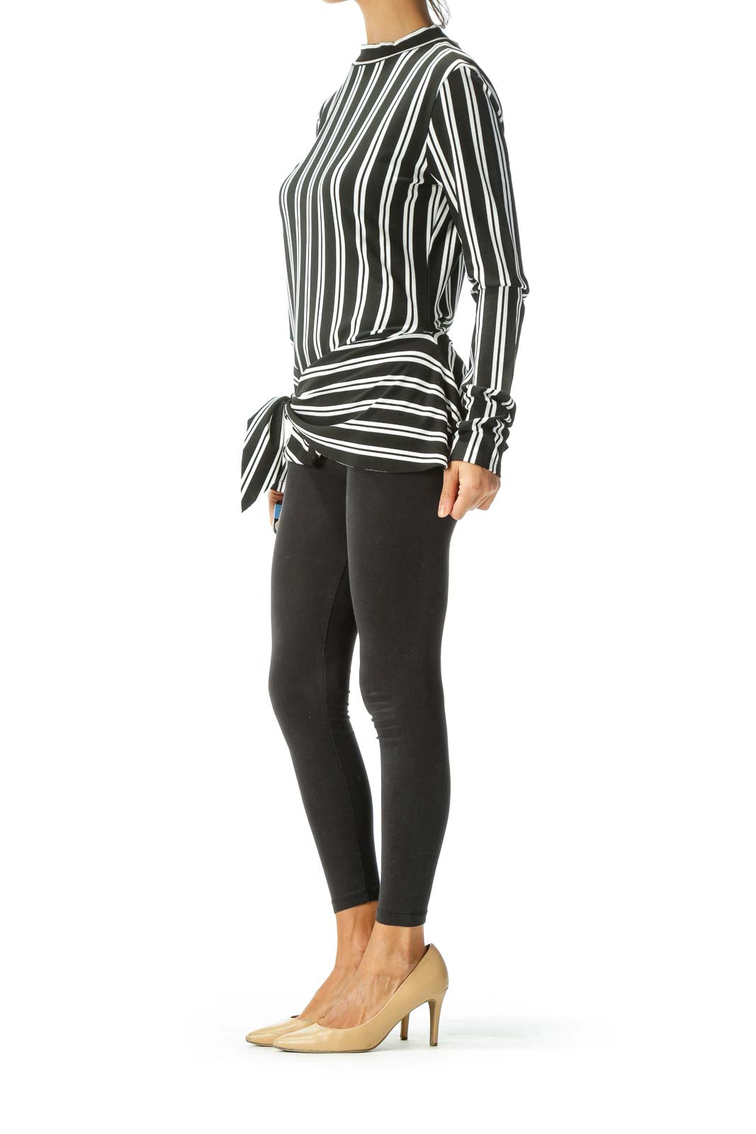 Black White Striped Asymmetric Long Sleeve Knit Top