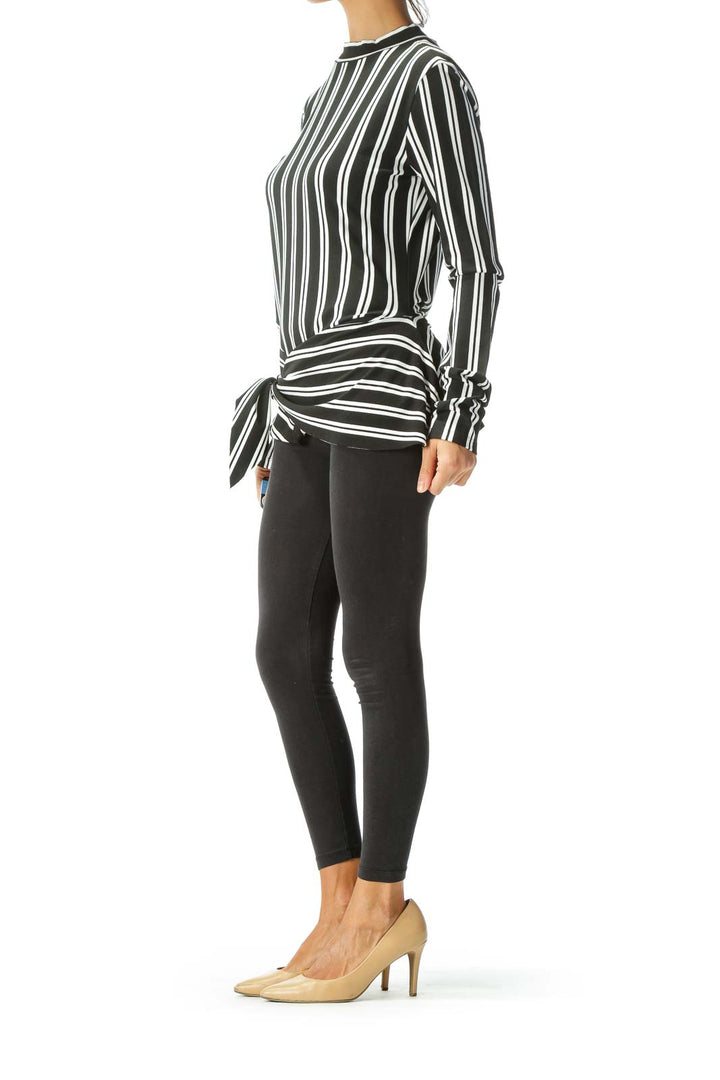 Black White Striped Asymmetric Long Sleeve Knit Top