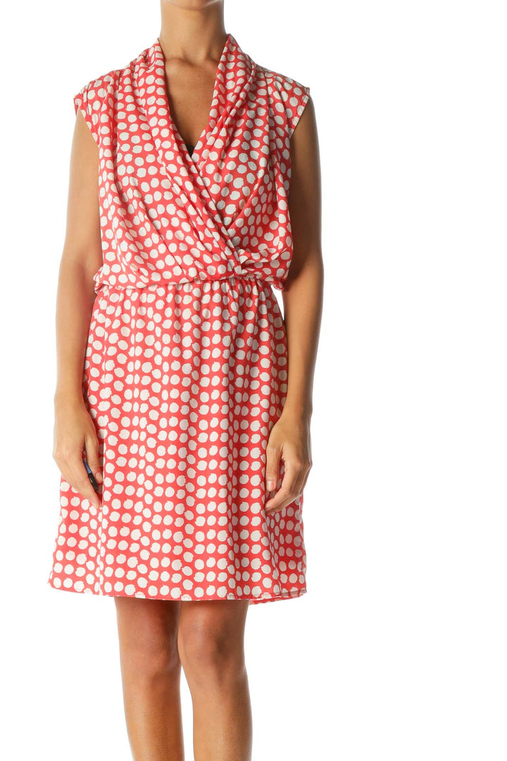 Red White Print Sleeveless Surplice Elastic Waist Day Dress