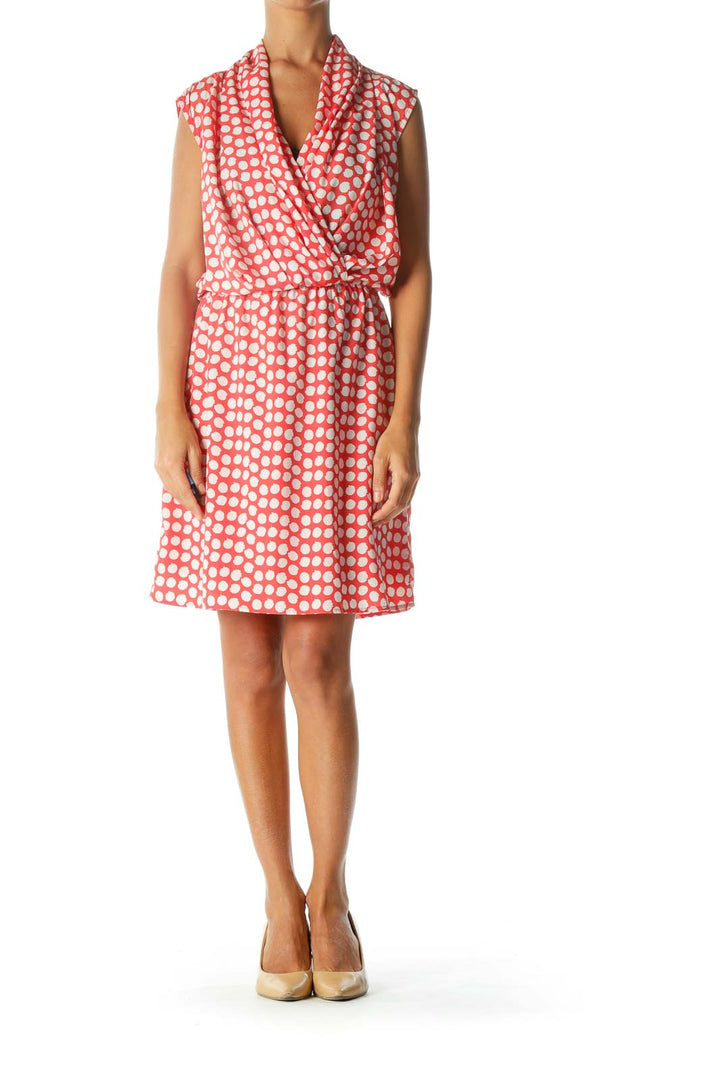 Red White Print Sleeveless Surplice Elastic Waist Day Dress