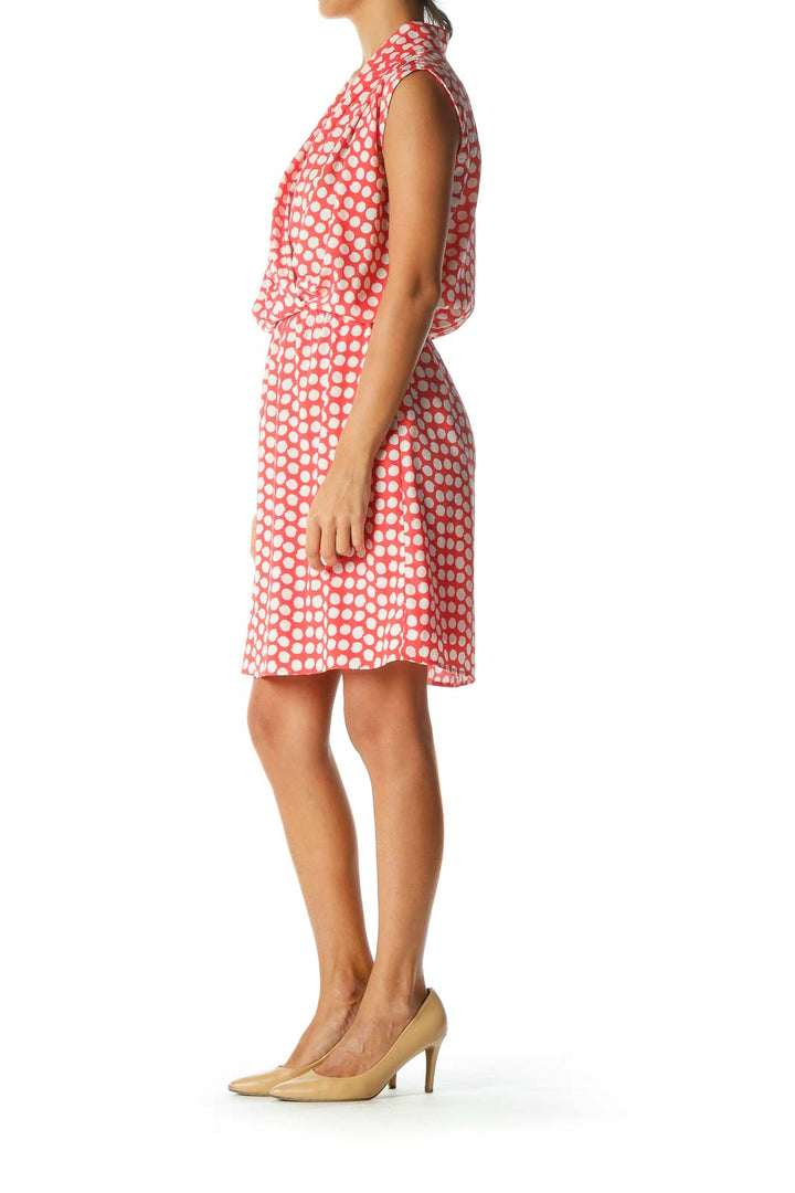 Red White Print Sleeveless Surplice Elastic Waist Day Dress