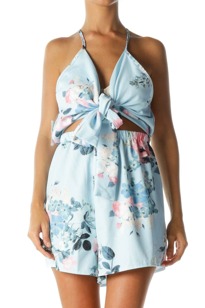 Light Blue Pink Floral Print Cut Out Knot Accent Romper