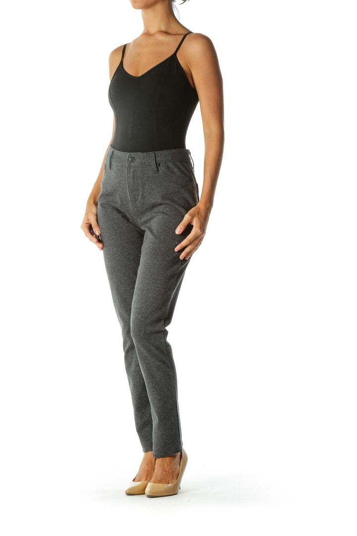 Gray Knit Faux-Pockets Slim Knit Pants