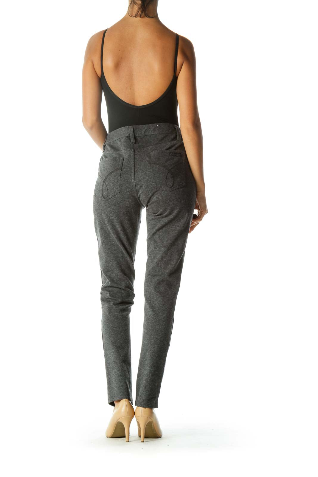 Gray Knit Faux-Pockets Slim Knit Pants