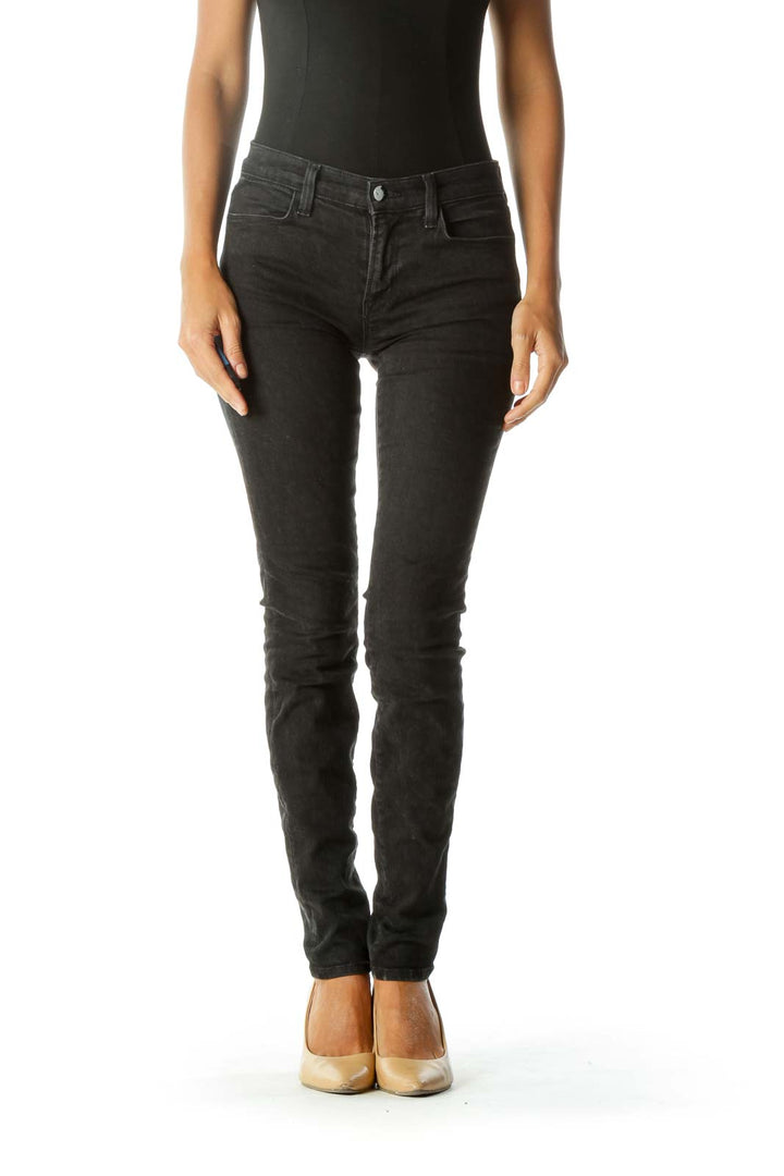 Black Leopard-Print Super Skinny Jeans with Silver Engraved Button