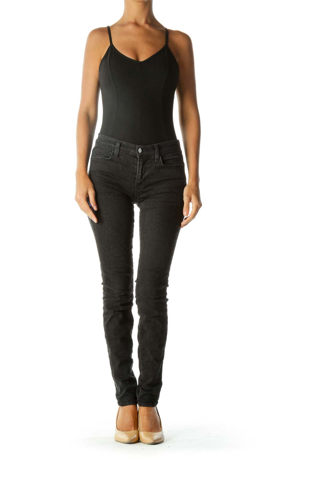 Black Leopard-Print Super Skinny Jeans with Silver Engraved Button