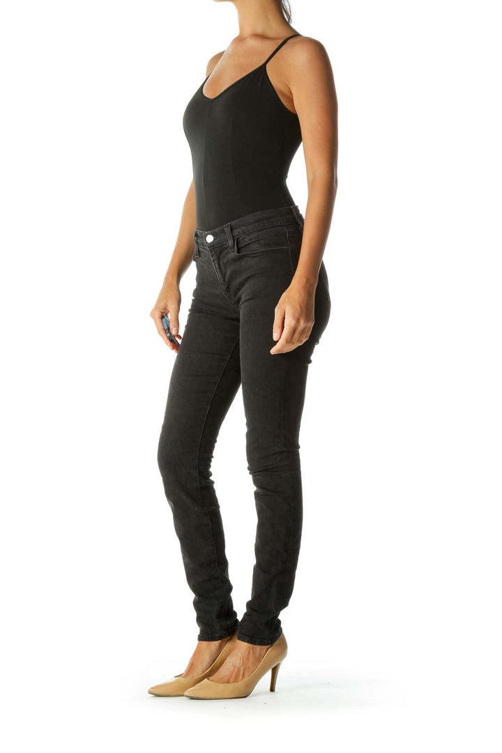 Black Leopard-Print Super Skinny Jeans with Silver Engraved Button