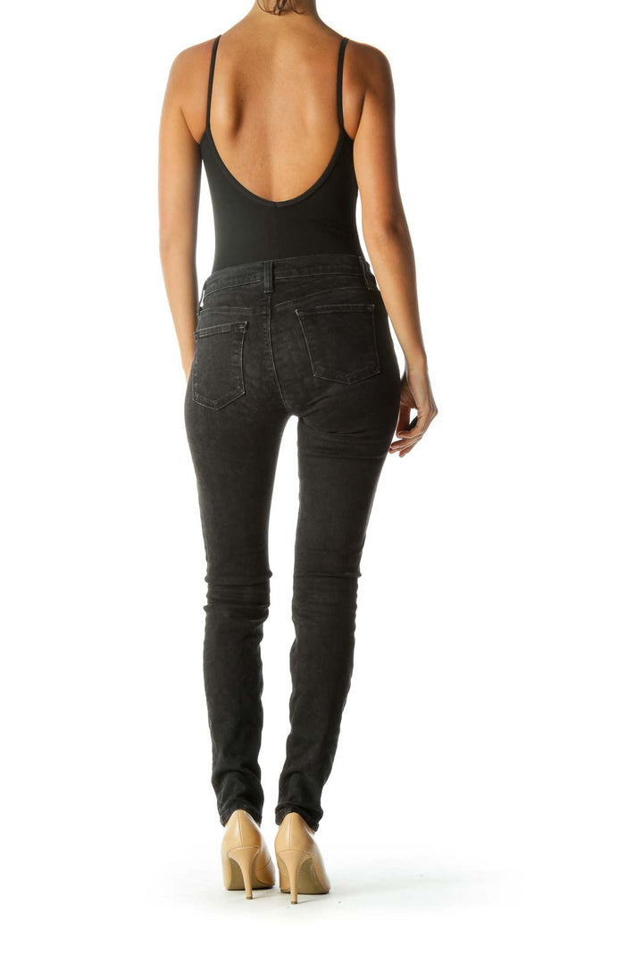 Black Leopard-Print Super Skinny Jeans with Silver Engraved Button