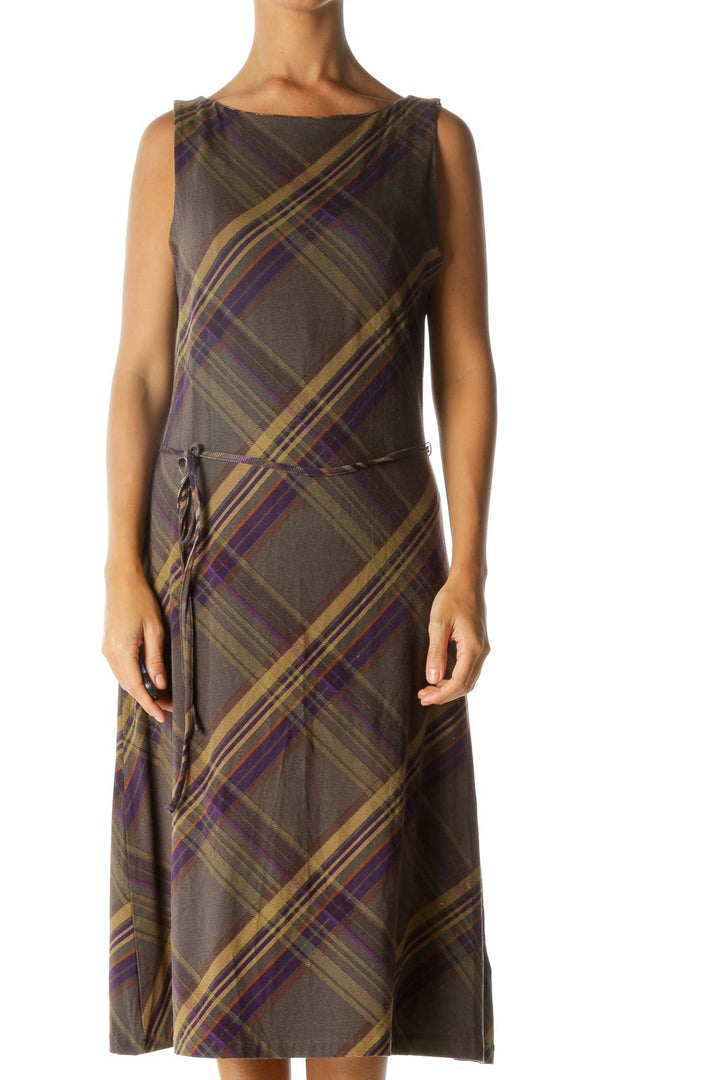 Gray Purple Yellow Orange Plaid Boat Neck Belted Stretch Dress