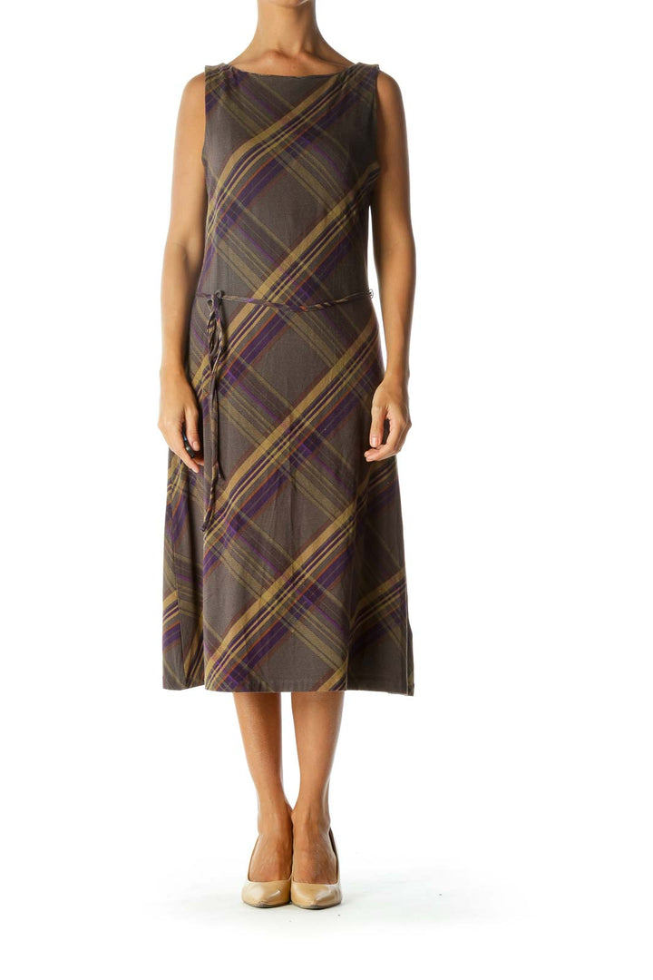 Gray Purple Yellow Orange Plaid Boat Neck Belted Stretch Dress