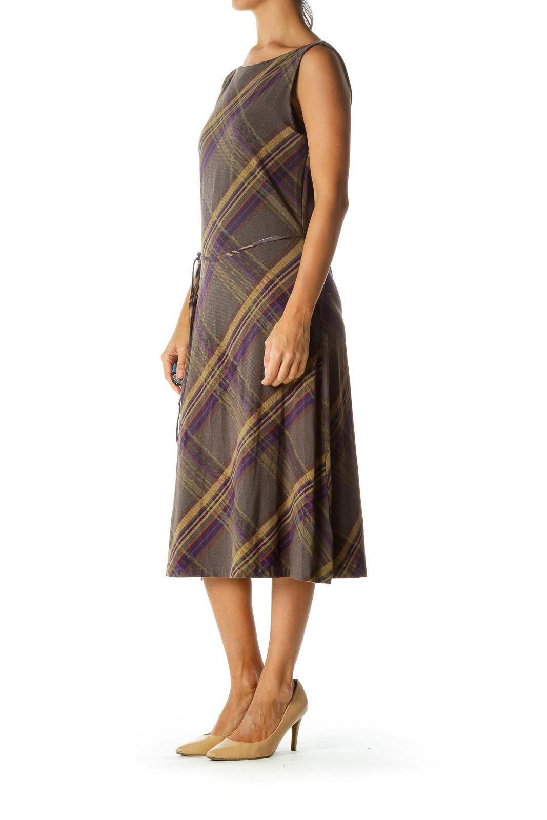 Gray Purple Yellow Orange Plaid Boat Neck Belted Stretch Dress