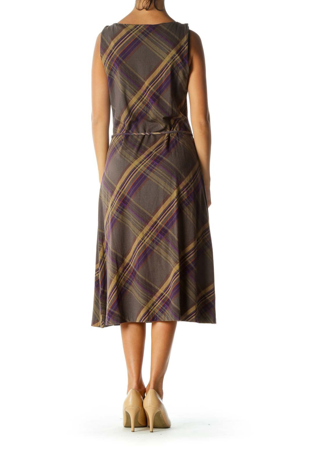 Gray Purple Yellow Orange Plaid Boat Neck Belted Stretch Dress