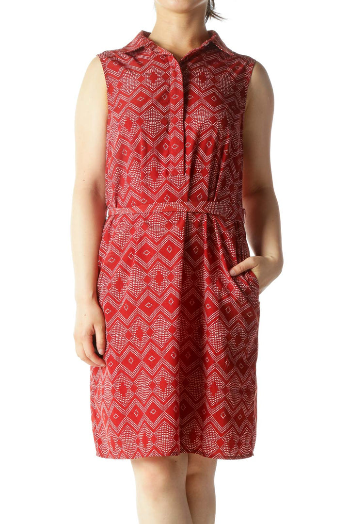 Burnt Red Sleeveless Dotted Print-Shape Buttoned Belted Day Dress