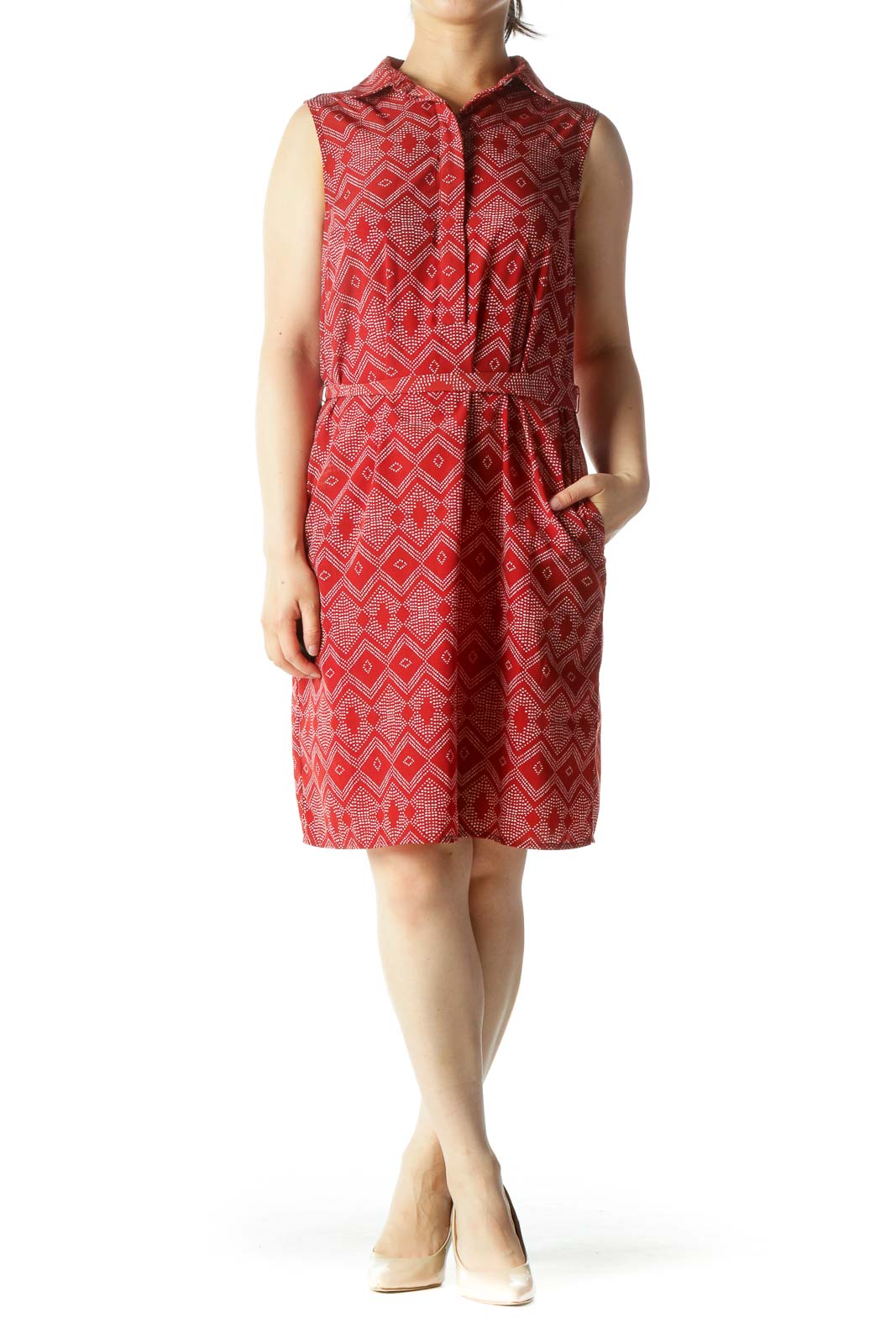 Burnt Red Sleeveless Dotted Print-Shape Buttoned Belted Day Dress