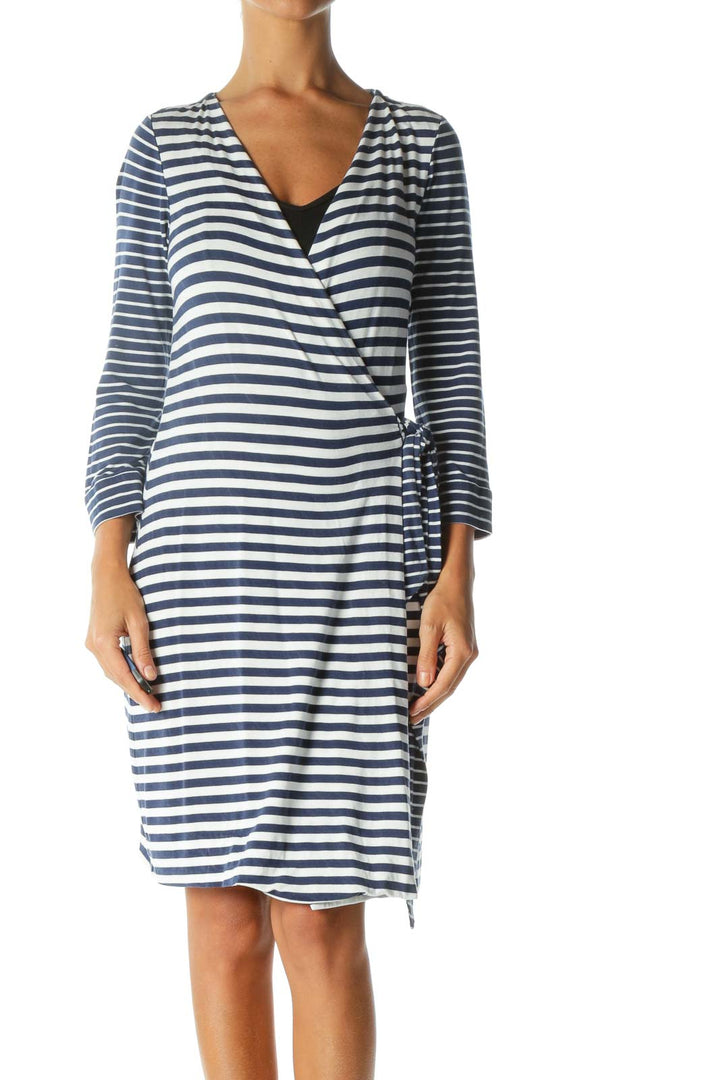 Blue White Striped Long Sleeve Wrap Stretch Light Jacket