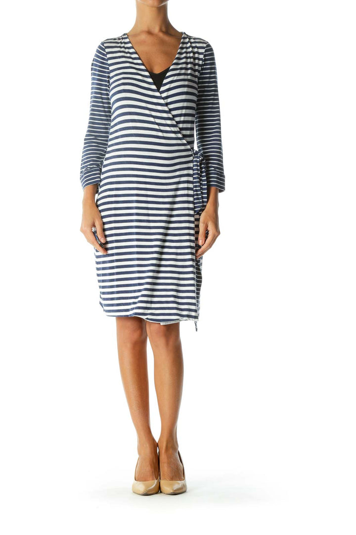 Blue White Striped Long Sleeve Wrap Stretch Light Jacket