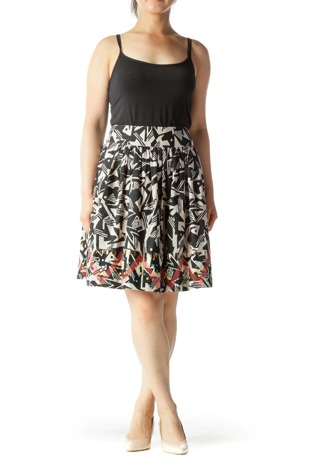 Black & Beige Abstract Print Flared Skirt with Beaded & Embroidered Hem