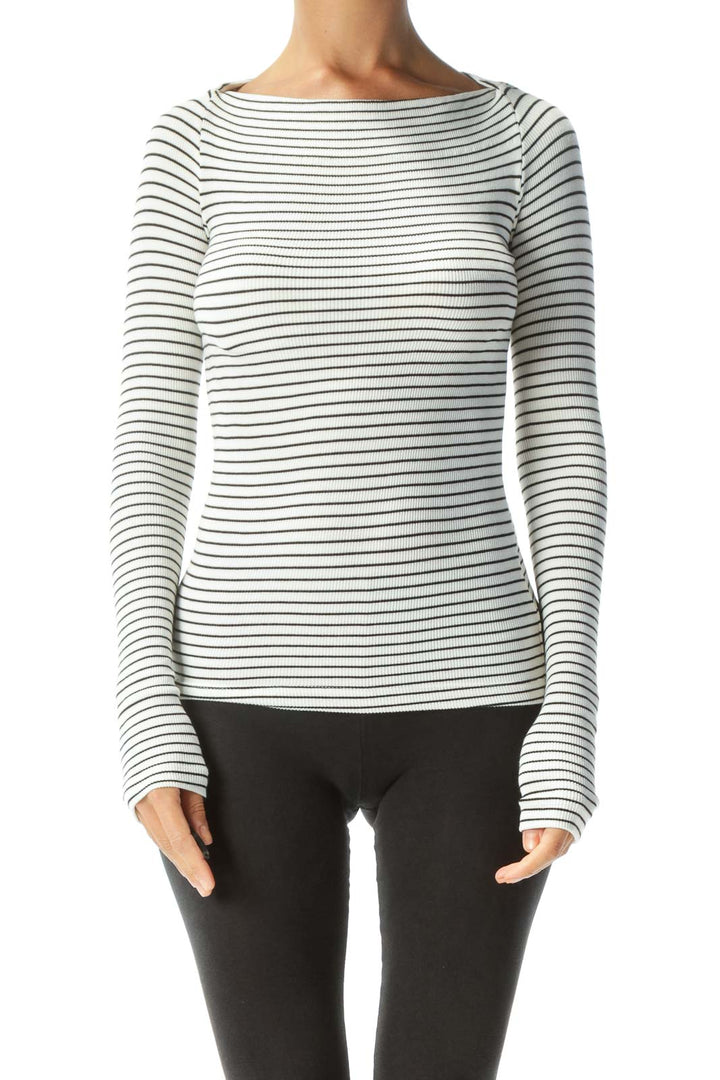 White & Black Boat-Neck Ribbed Long-Sleeve Fitted Knit Top