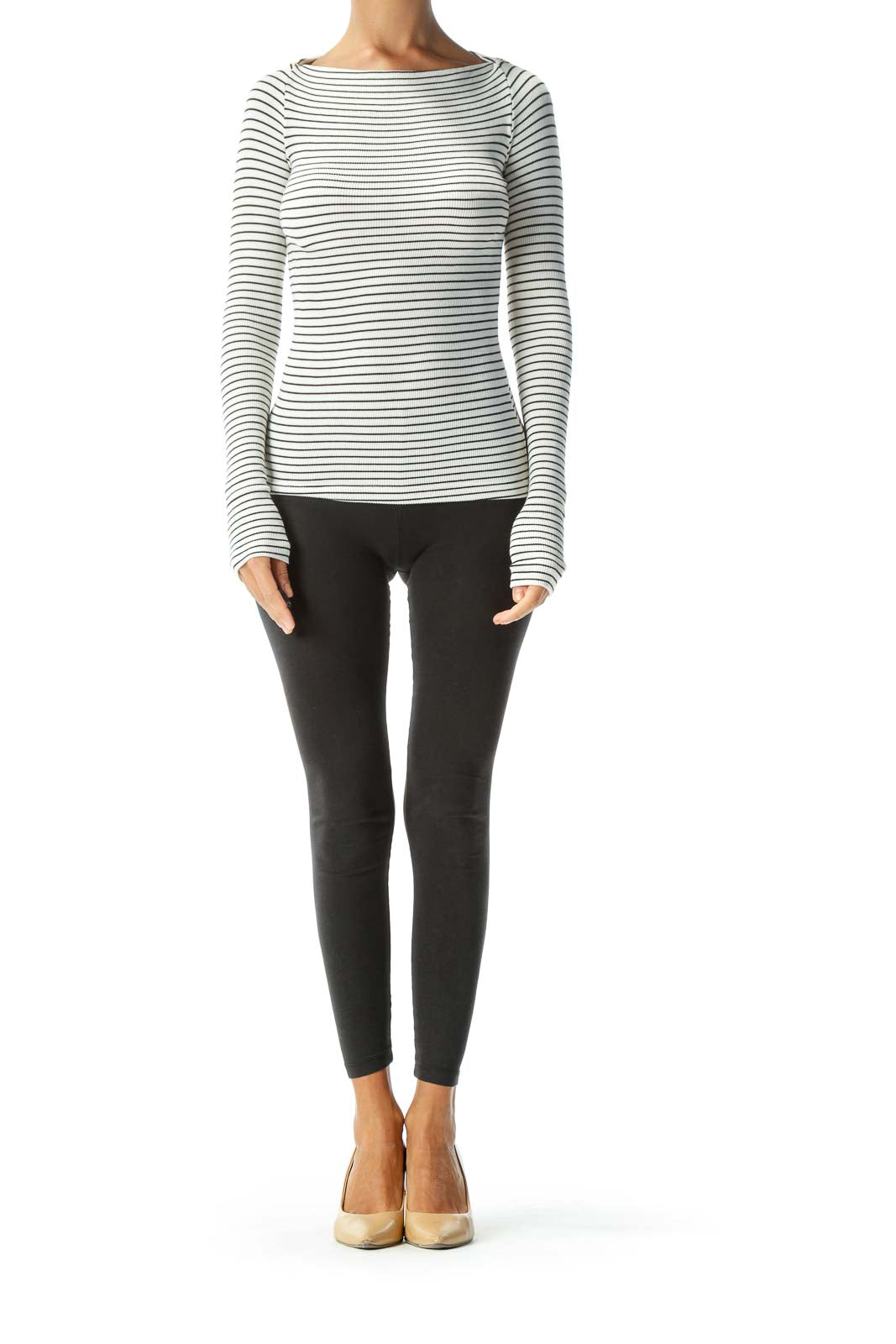 White & Black Boat-Neck Ribbed Long-Sleeve Fitted Knit Top