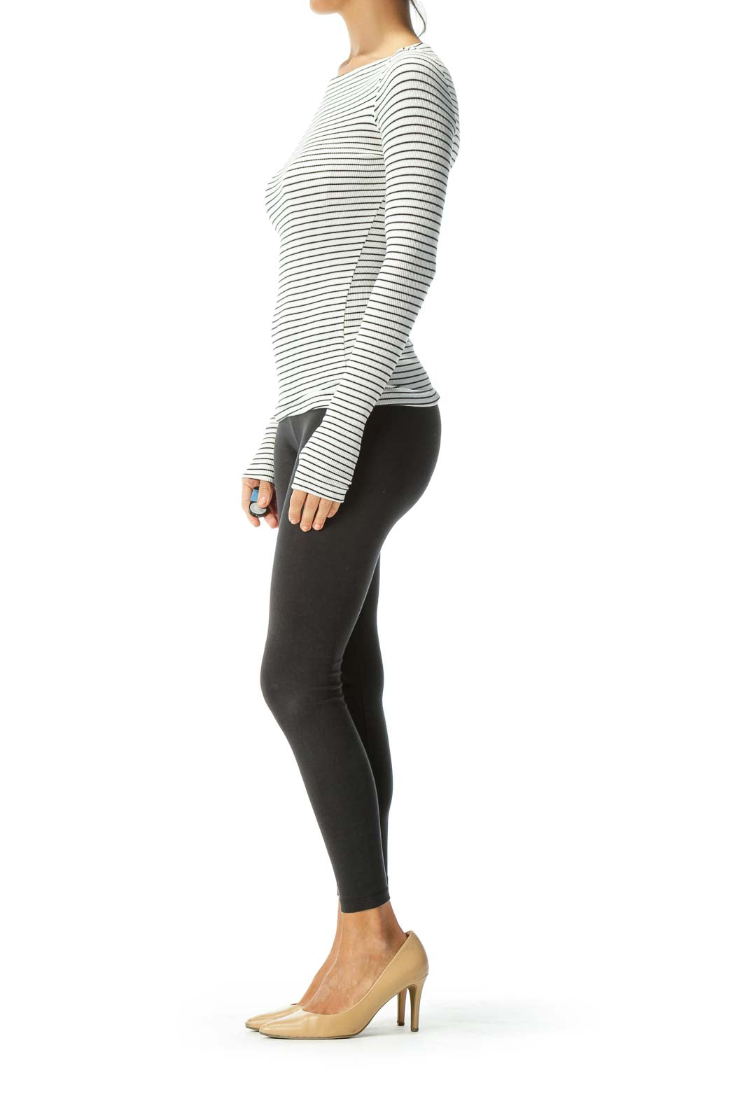 White & Black Boat-Neck Ribbed Long-Sleeve Fitted Knit Top