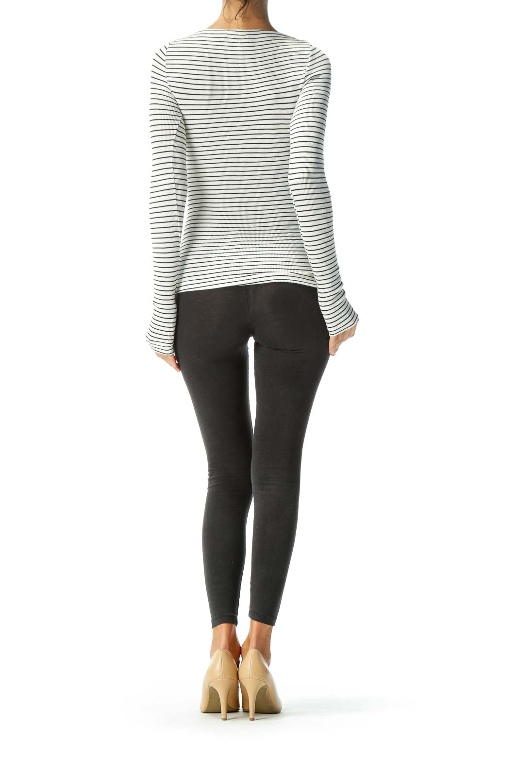 White & Black Boat-Neck Ribbed Long-Sleeve Fitted Knit Top