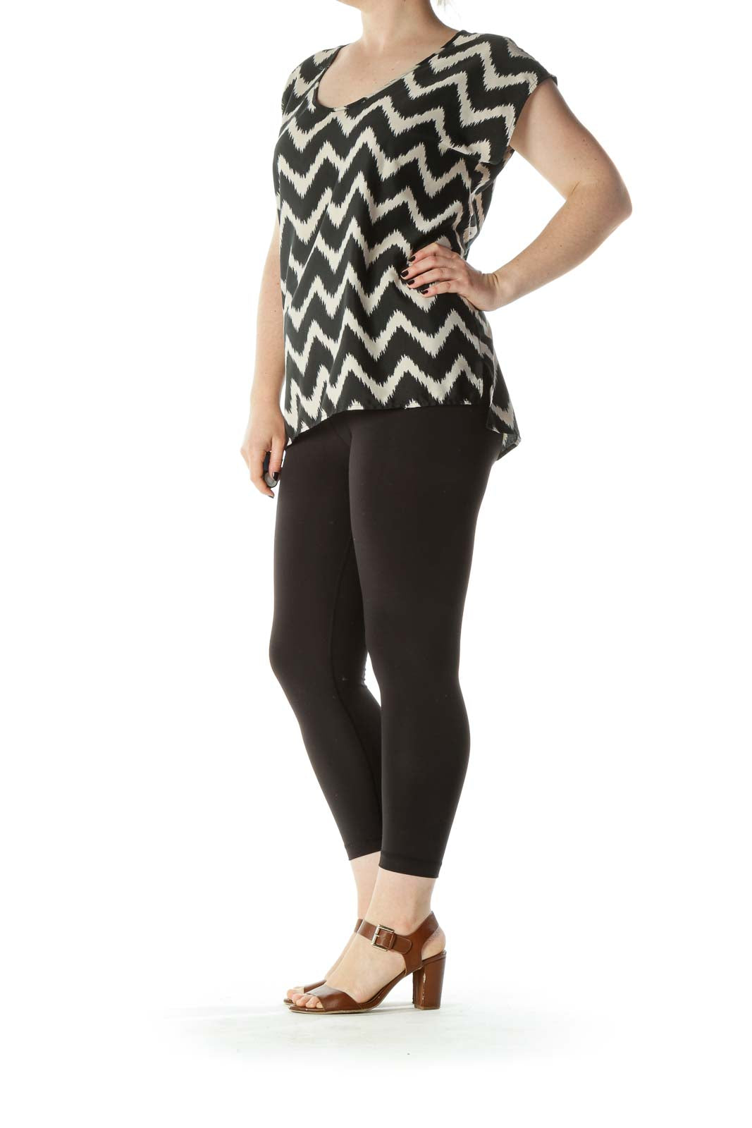 Black & Beige Bat-Sleeve Chevron-Print Blouse