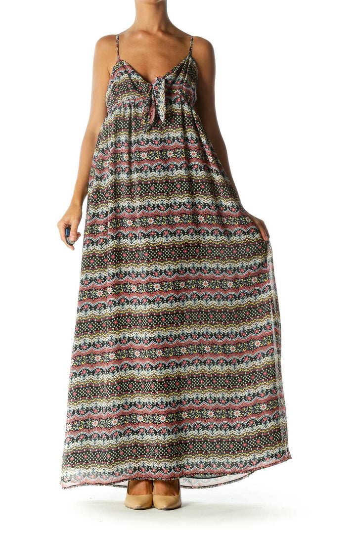 Black Pink Yellow Flower Print Cut Out Knot Spaghetti Strap Maxi Dress