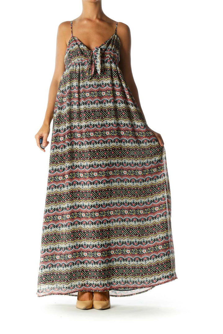 Black Pink Yellow Flower Print Cut Out Knot Spaghetti Strap Maxi Dress