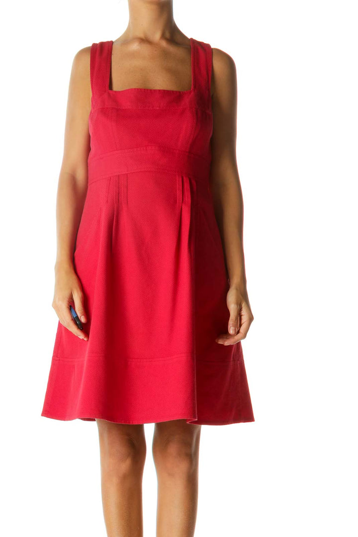 Red Square Neckline Pocketed Textured Day Dress