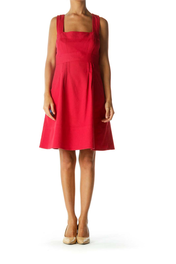 Red Square Neckline Pocketed Textured Day Dress