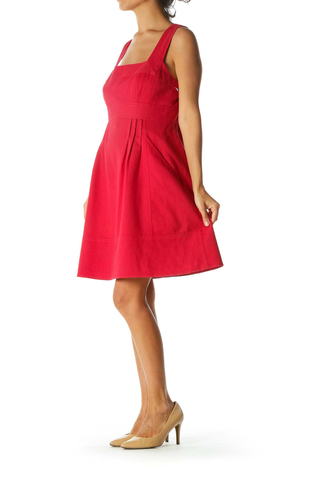 Red Square Neckline Pocketed Textured Day Dress