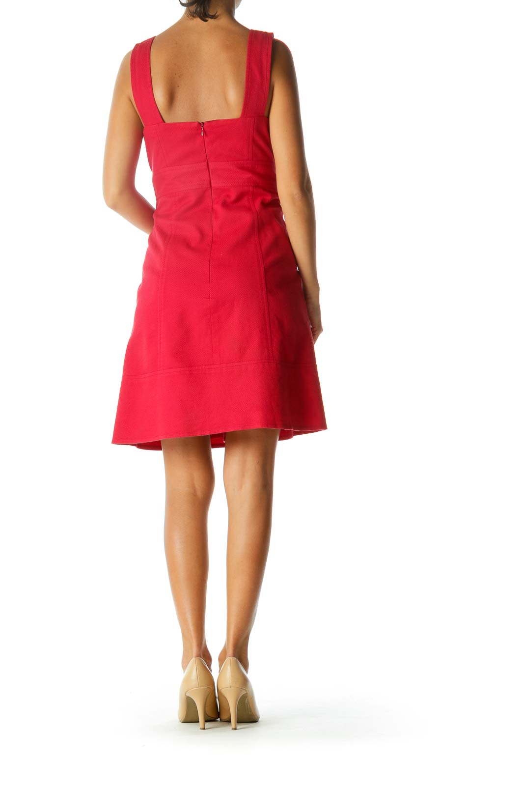 Red Square Neckline Pocketed Textured Day Dress