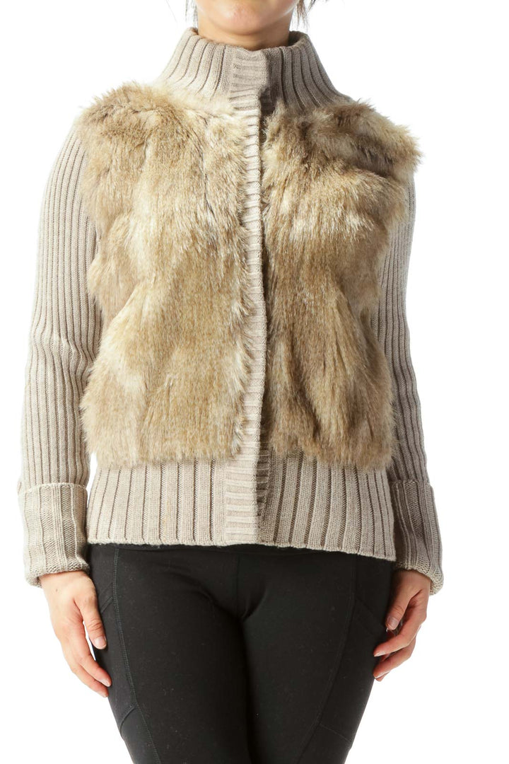 Beige Fur Ribbed Stretch Snap Buttons Long Sleeve Jacket