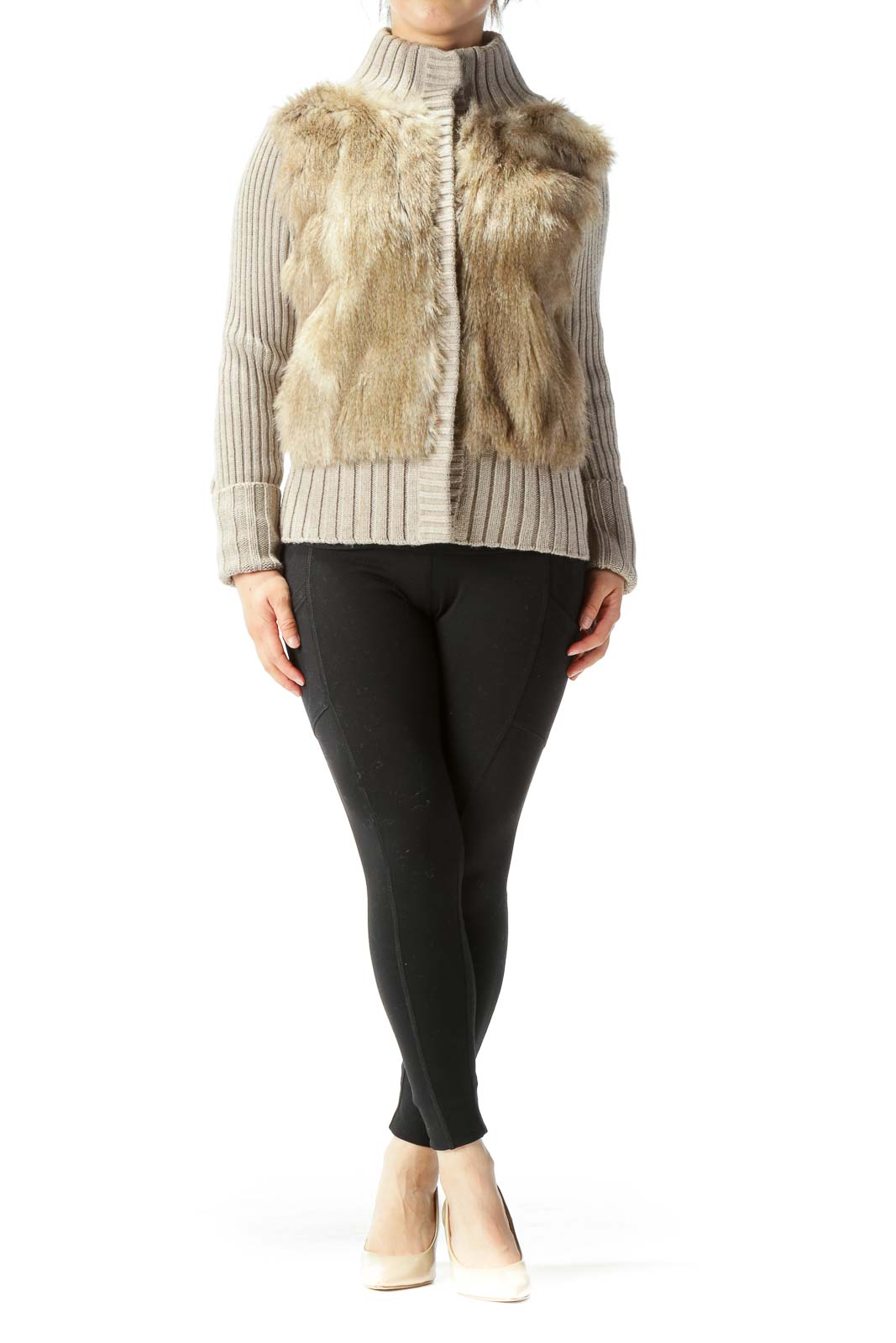 Beige Fur Ribbed Stretch Snap Buttons Long Sleeve Jacket