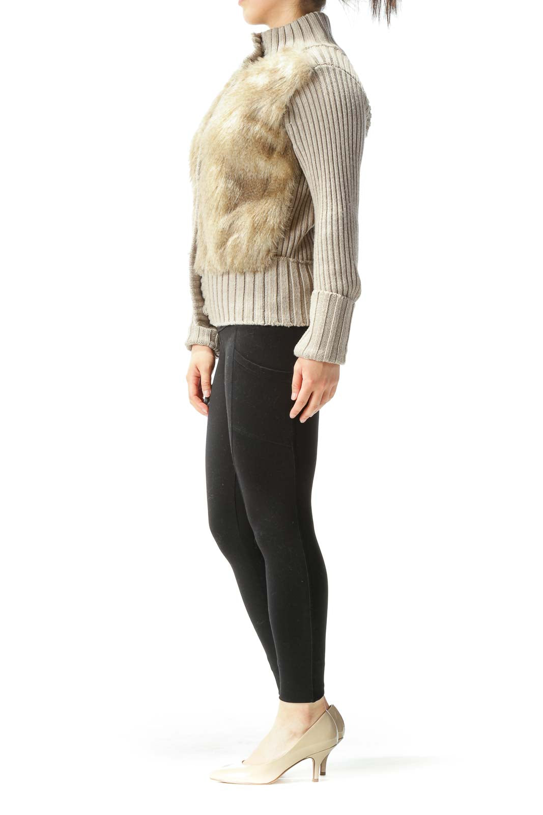 Beige Fur Ribbed Stretch Snap Buttons Long Sleeve Jacket