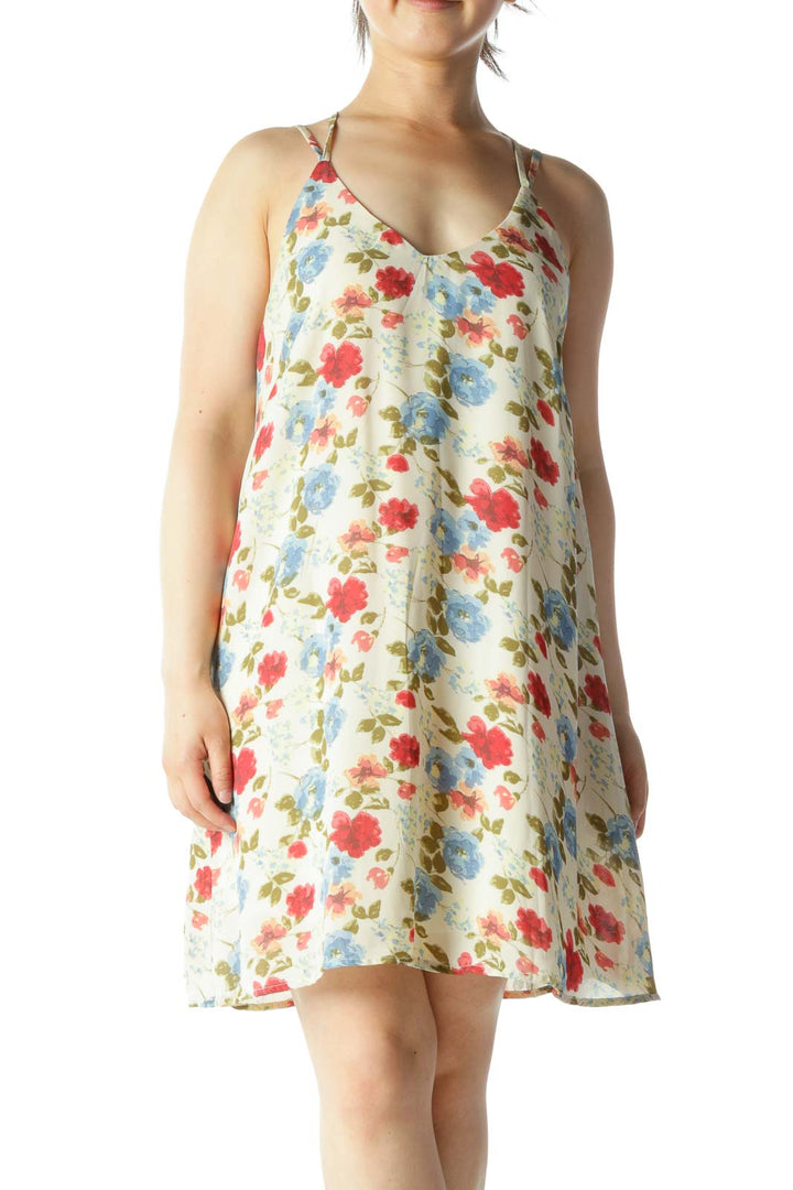 Blue Beige Red Floral-Print V-Neck Spaghetti Strap Day Dress