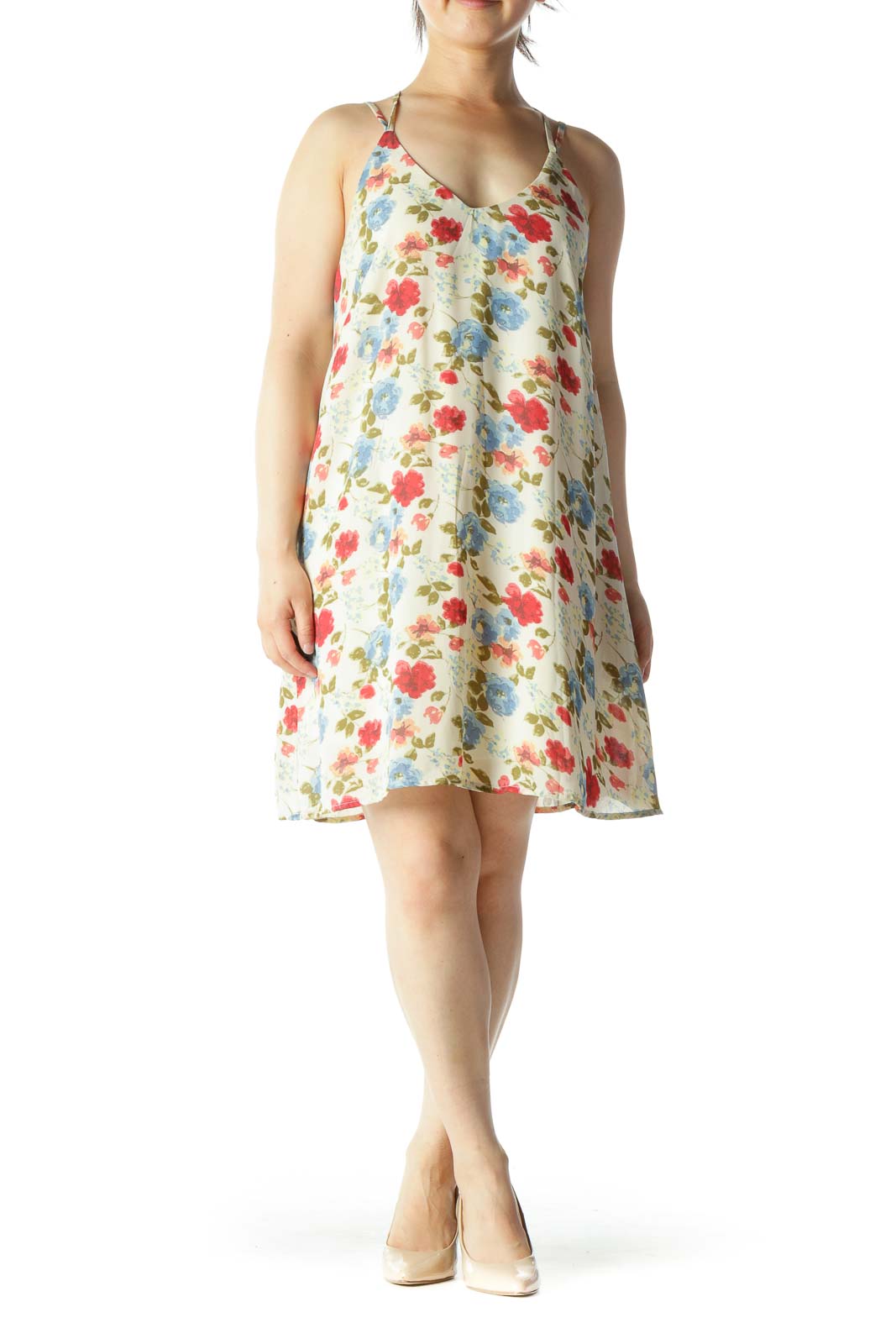 Blue Beige Red Floral-Print V-Neck Spaghetti Strap Day Dress