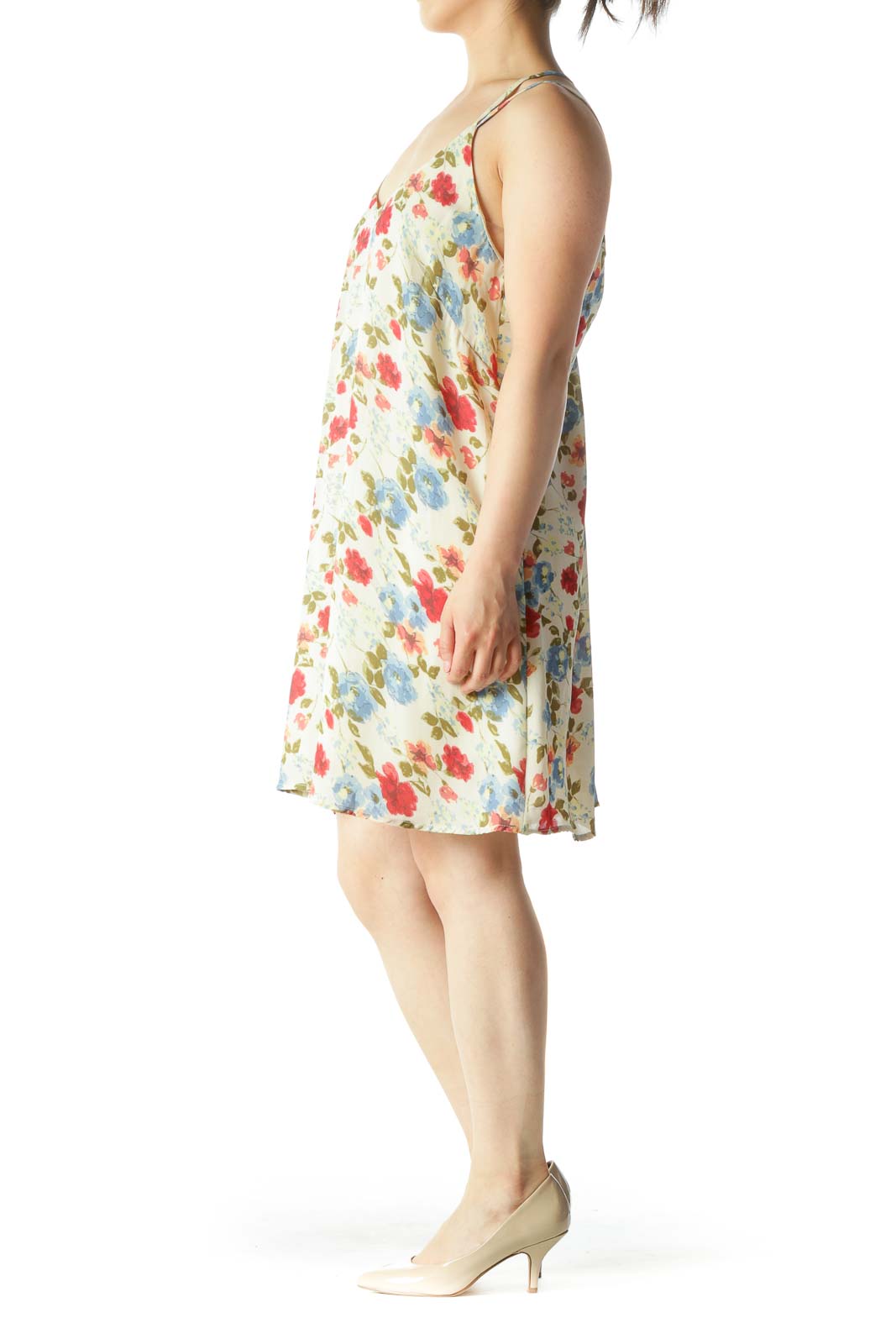 Blue Beige Red Floral-Print V-Neck Spaghetti Strap Day Dress