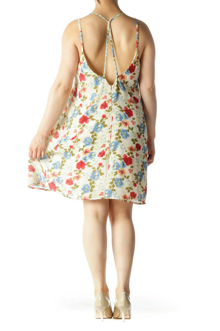 Blue Beige Red Floral-Print V-Neck Spaghetti Strap Day Dress