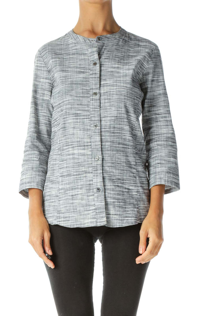 Gray & White Plaid Mandarin Collar Long-Sleeve Button-Down Blouse