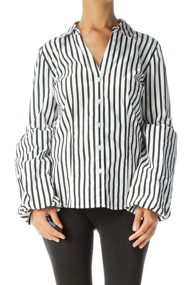 White Black Striped Shirt with Sleeve Detail