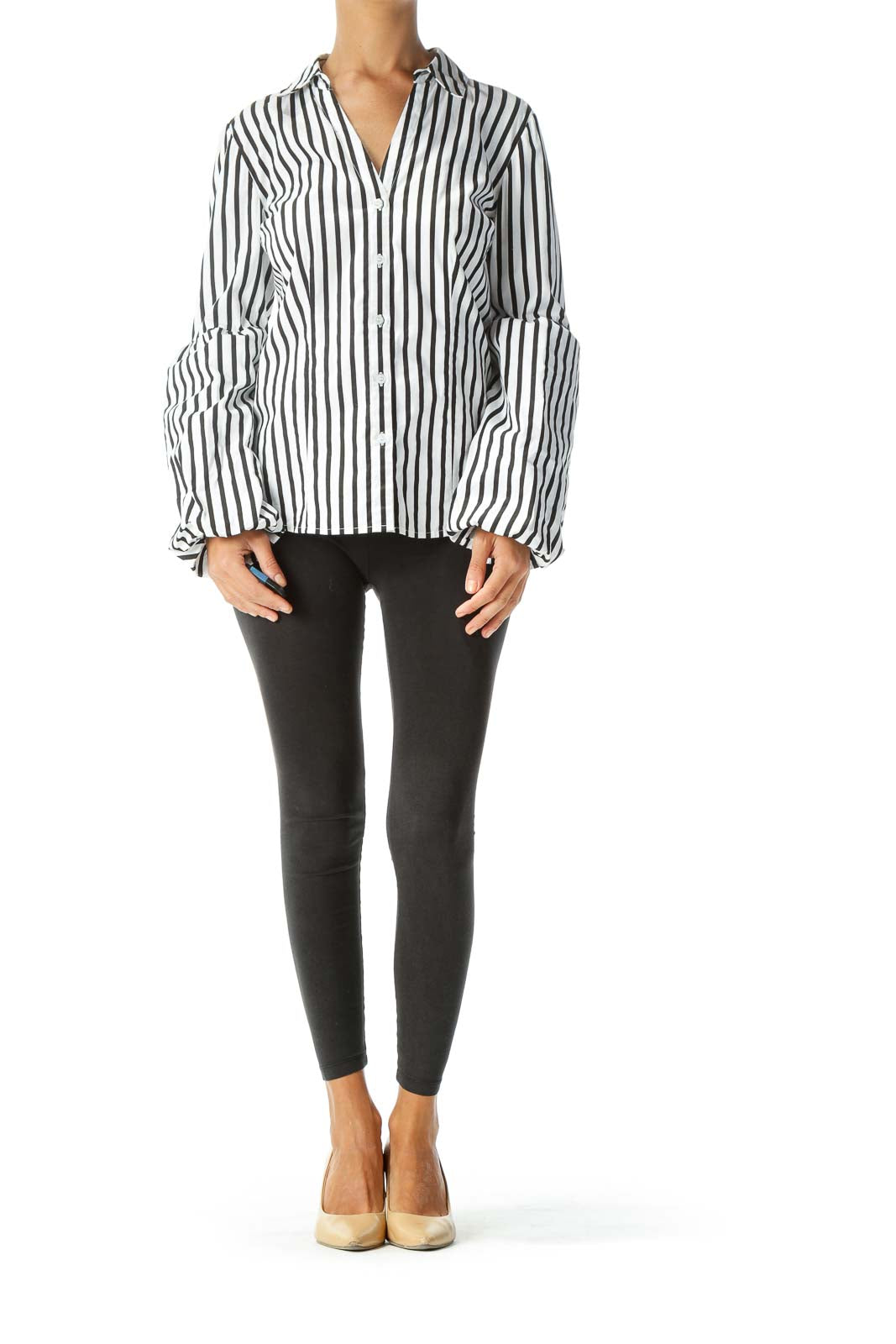 White Black Striped Shirt with Sleeve Detail