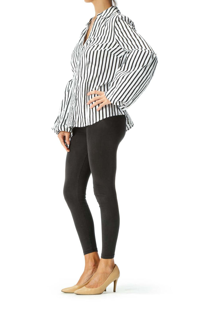 White Black Striped Shirt with Sleeve Detail