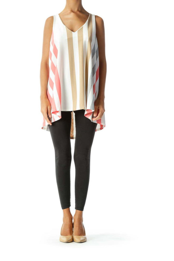 Beige Pink Striped Sleeveless Top