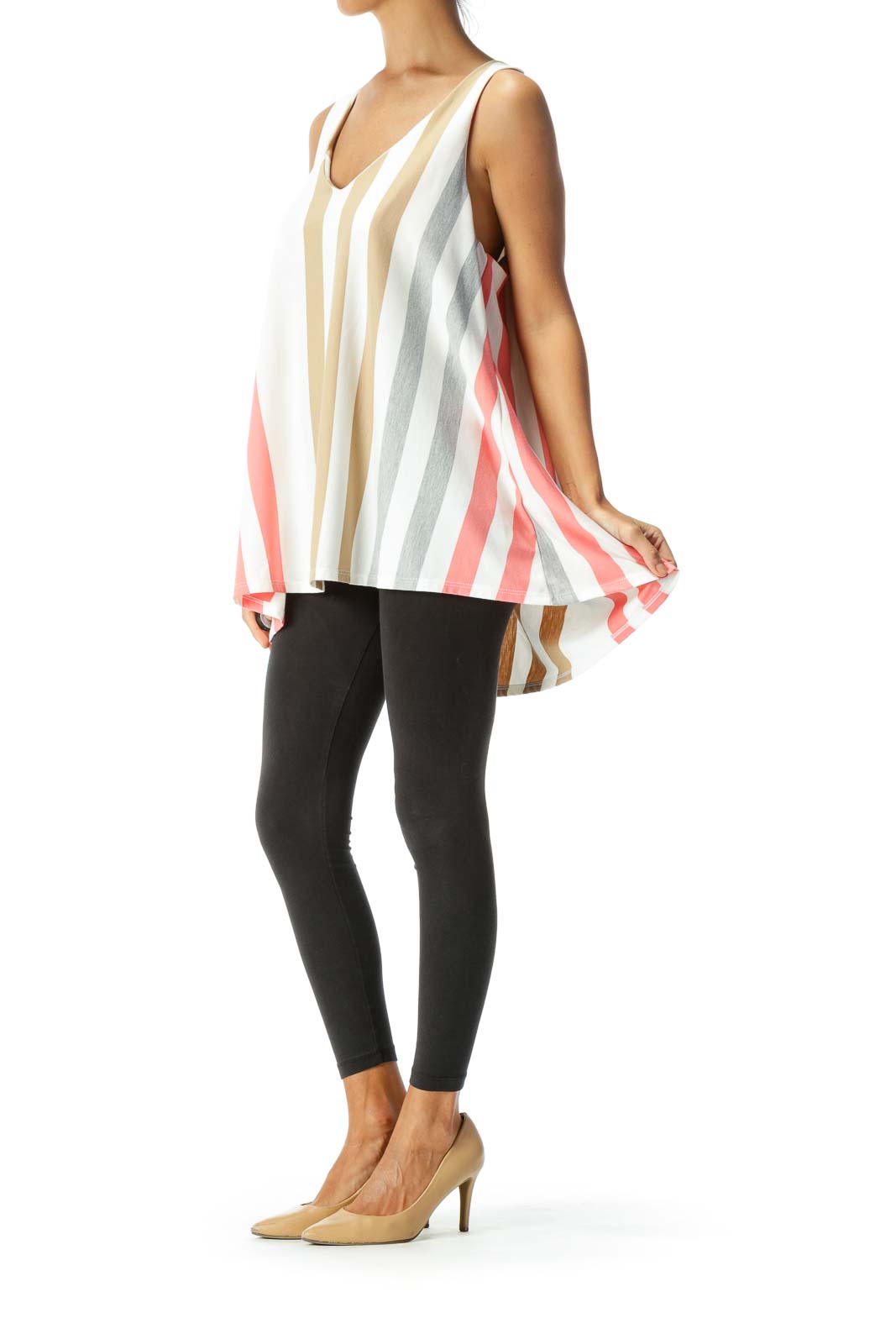 Beige Pink Striped Sleeveless Top