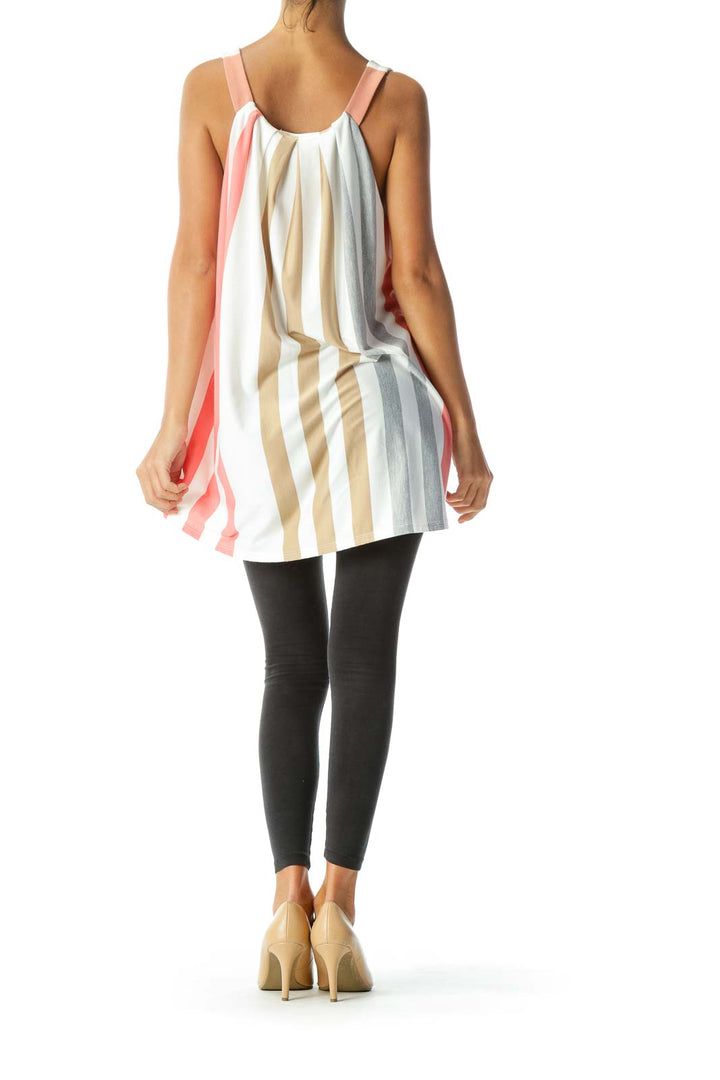 Beige Pink Striped Sleeveless Top