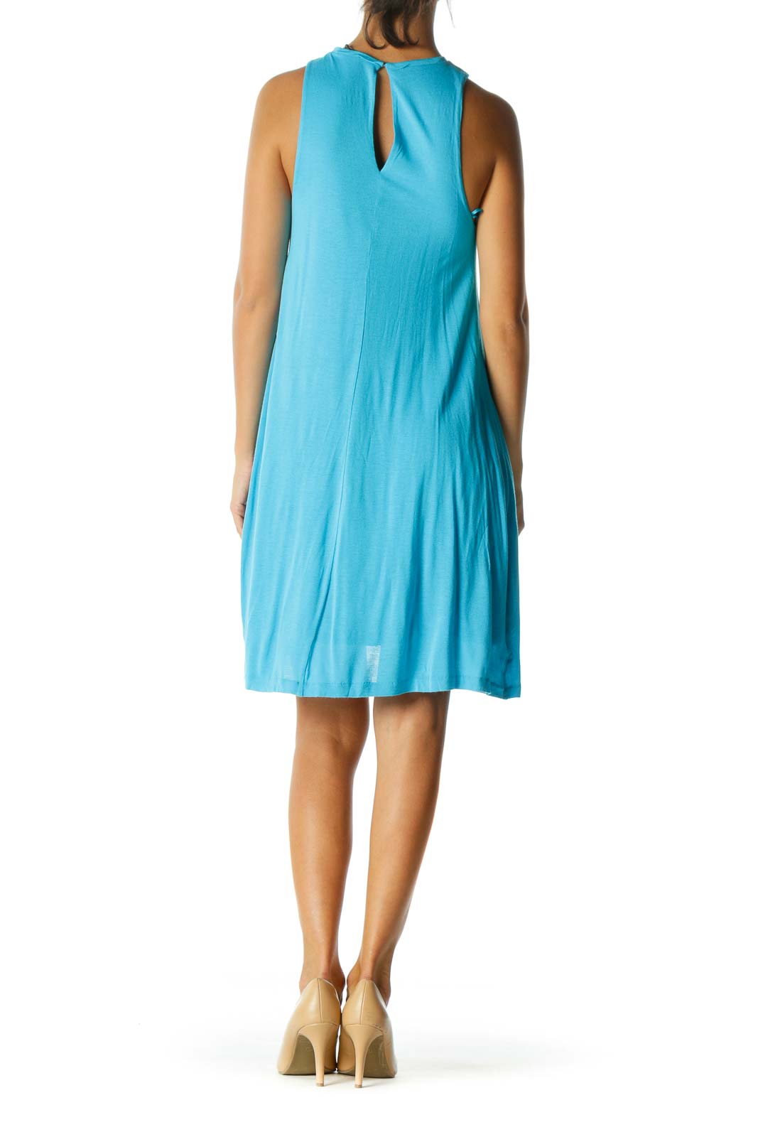 Blue High Round Neck Sleeveless Lined Jersey Knit Day Dress